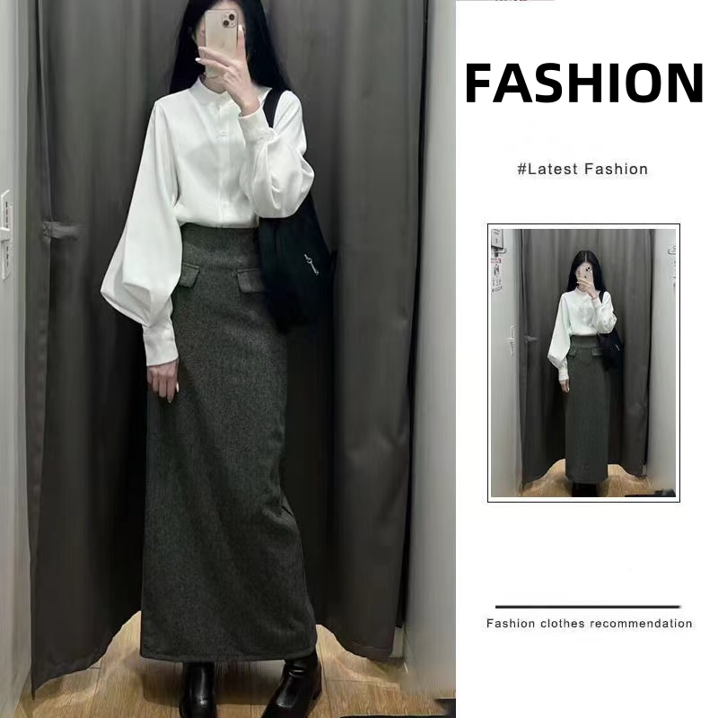 套裝女2024春新款純欲風辣妹設計感燈籠袖長袖襯衫高腰顯瘦半身裙