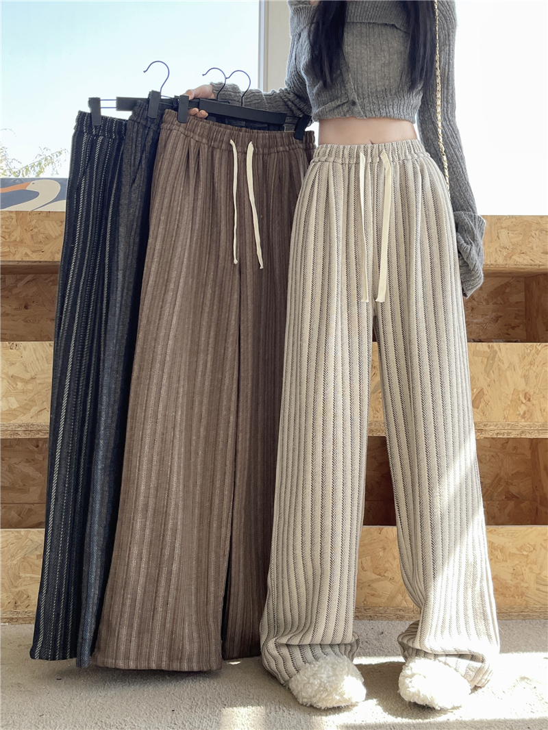 Real shot of retro vertical striped wide-leg pants for women, high-waisted casual straight pants