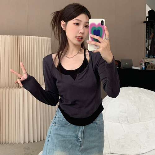 Large size right shoulder long-sleeved T-shirt for women spring and autumn new style fat mm hot girl slimming fake two-piece niche short tops