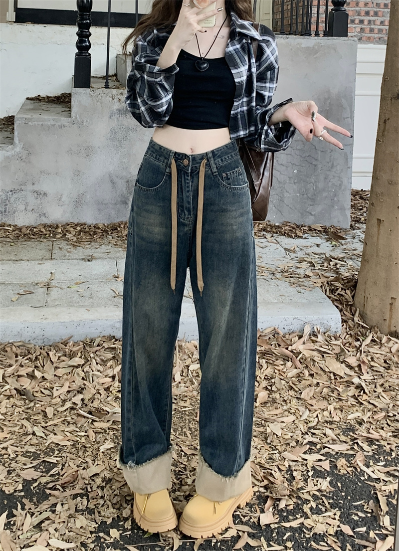 實拍 新款高腰寬鬆直筒長牛仔褲女