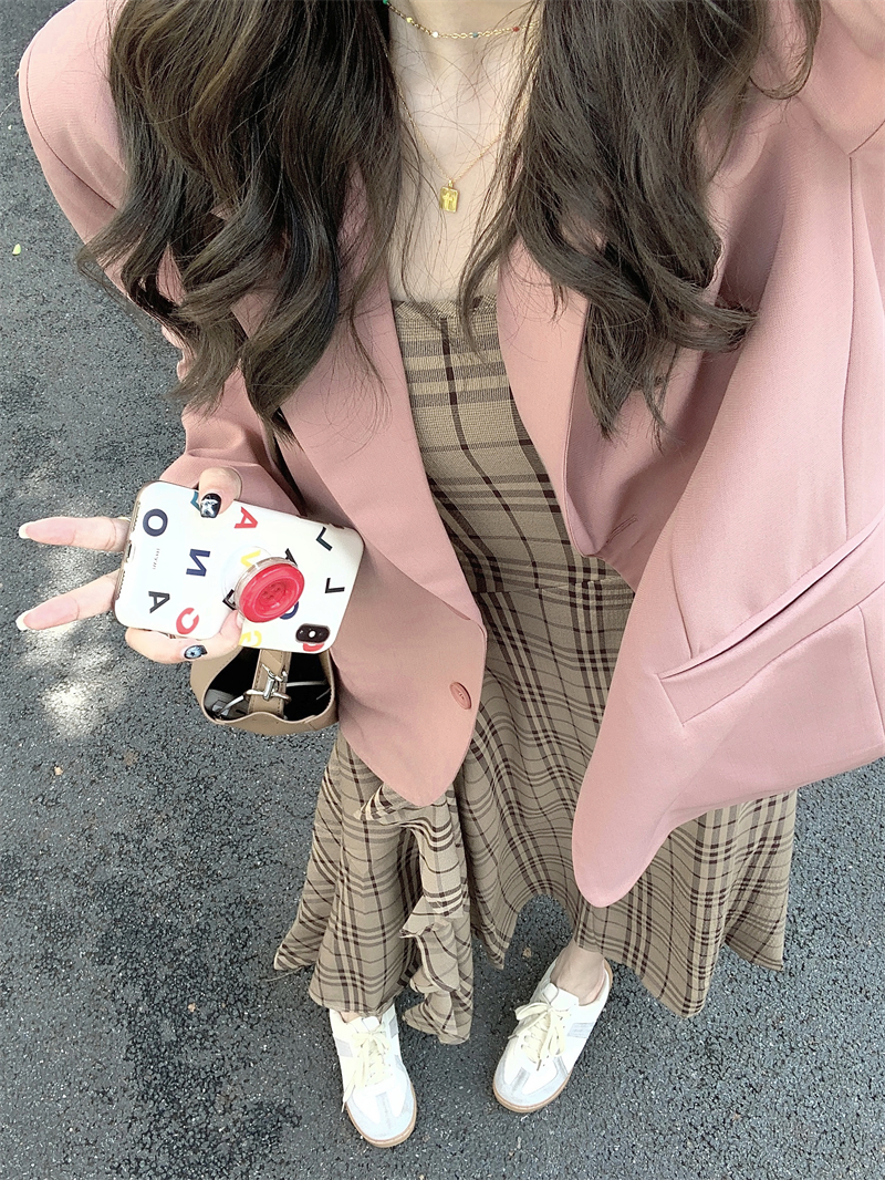 實拍#韓系簡約粉色小西裝外套女春+法式修身格紋吊帶連衣裙女
