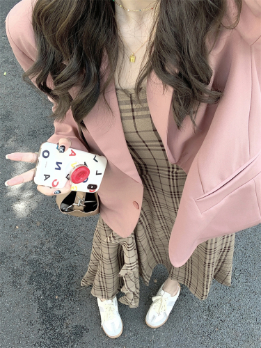 实拍#韩系简约粉色小西装外套女春+法式修身格纹吊带连衣裙女