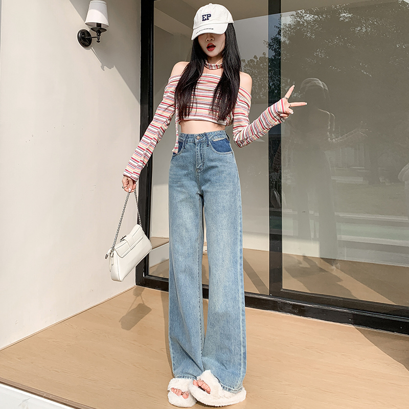 實拍~藍色牛仔闊腿直筒褲女2024春季新款高腰窄版撞色垂感拖地褲