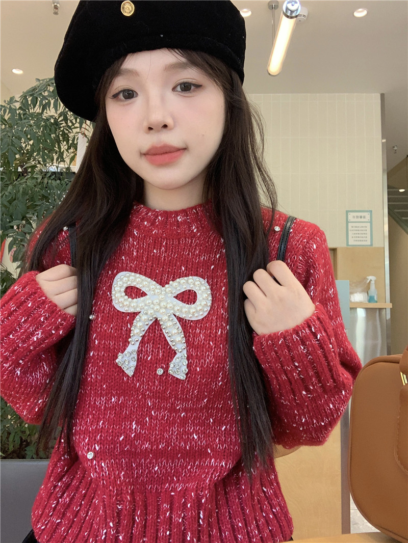 Actual shot of New Year red short bow multi-color lazy style college high-end sweater