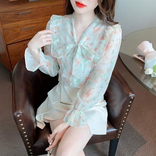 French light mature floral chiffon top for women 2024 spring and autumn new style chic design niche long-sleeved shirt