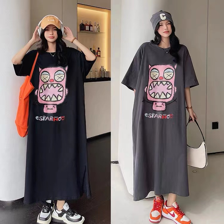 夏季搞怪圖案印花開叉短袖圓領連衣裙寬鬆百搭設計感裙子