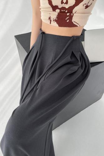 实拍西装阔腿裤女春季系带设计感垂感显瘦高腰窄版直筒休闲拖地裤