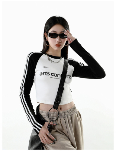 Waste Chai Early Autumn High-end Slim Fit Shoulder Top Retro Small Contrast Color Three-Stripe Print Long-Sleeved T-Shirt Women's Trendy