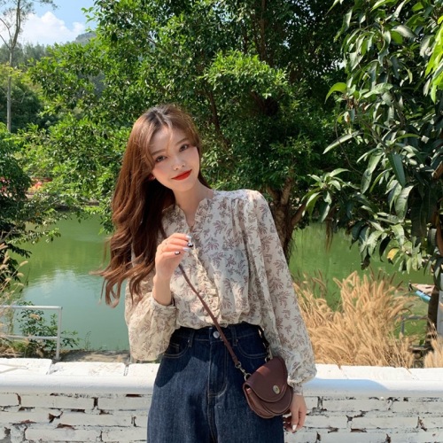New Internet celebrity Korean style loose chiffon floral long-sleeved shirt for women summer thin style sun protection tops