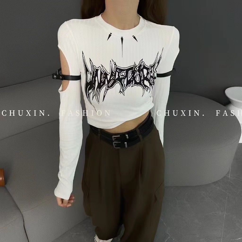Early spring and autumn unique and chic American sweet hottie short style slimming hollow top bottoming shirt for women with long-sleeved T-shirt