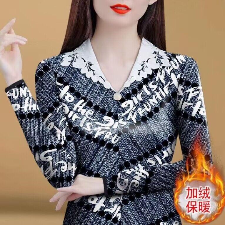 加絨蕾絲女士V領打底衫中老年秋冬季款洋氣印花長袖t恤修身上衣