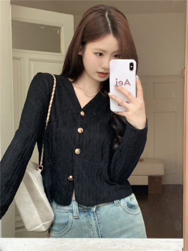 Actual shot of Korean style gentle retro French puff sleeve shirt, simple and versatile long-sleeved V-neck knitted cardigan jacket