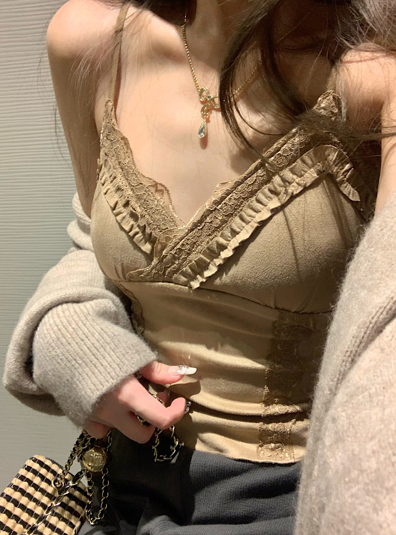 實拍 純欲天菜 絨感蕾絲吊帶背心自帶胸墊+設計感格紋裙