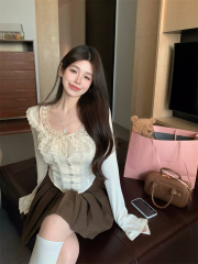 Real shot~Sweet and spicy knitted heavy industry lace splicing lace top autumn and winter plus velvet waist bottoming shirt