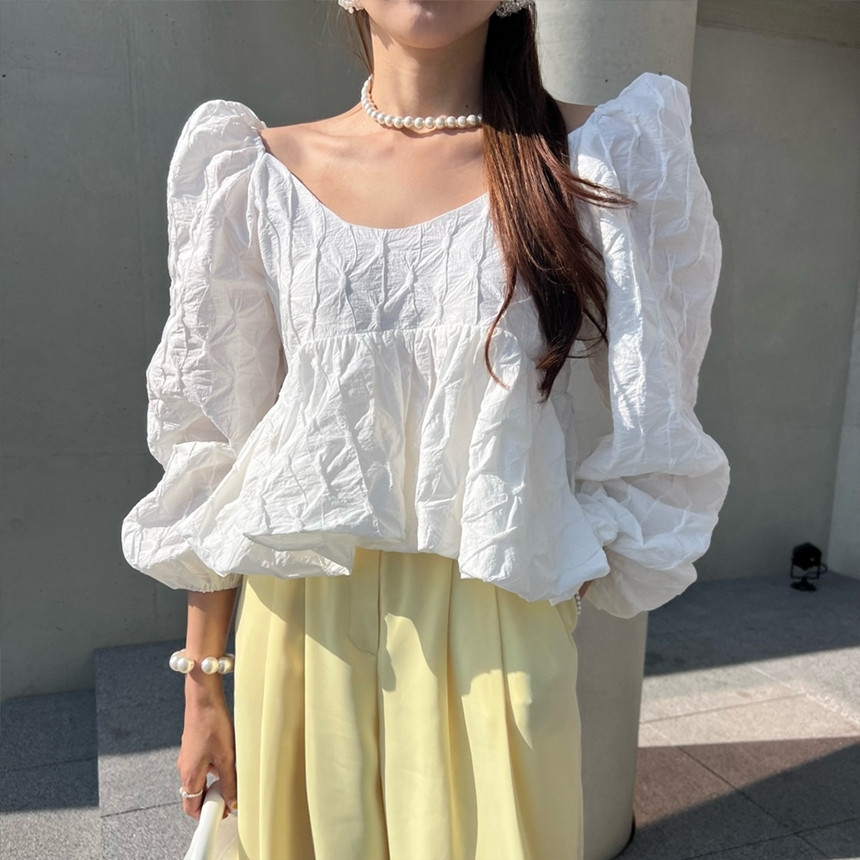 Size update chic Korean spring niche temperament pleated texture sweet puff sleeve baby doll shirt shirt top