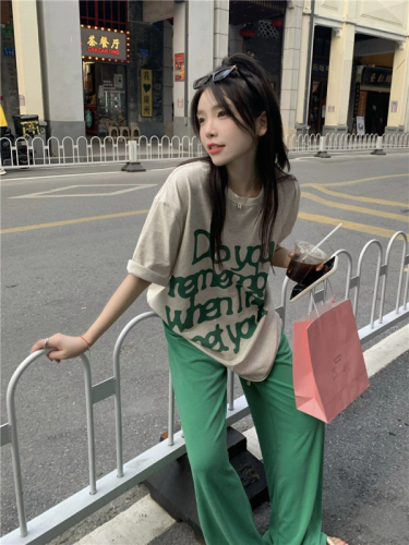 Official picture Korean version 2024 new ins trendy loose letter printed pure cotton mid-length loose short-sleeved T-shirt