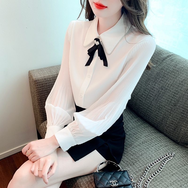 Classic bow square collar diamond mesh shirt for women 20274 early spring new style commuter all-match top for women