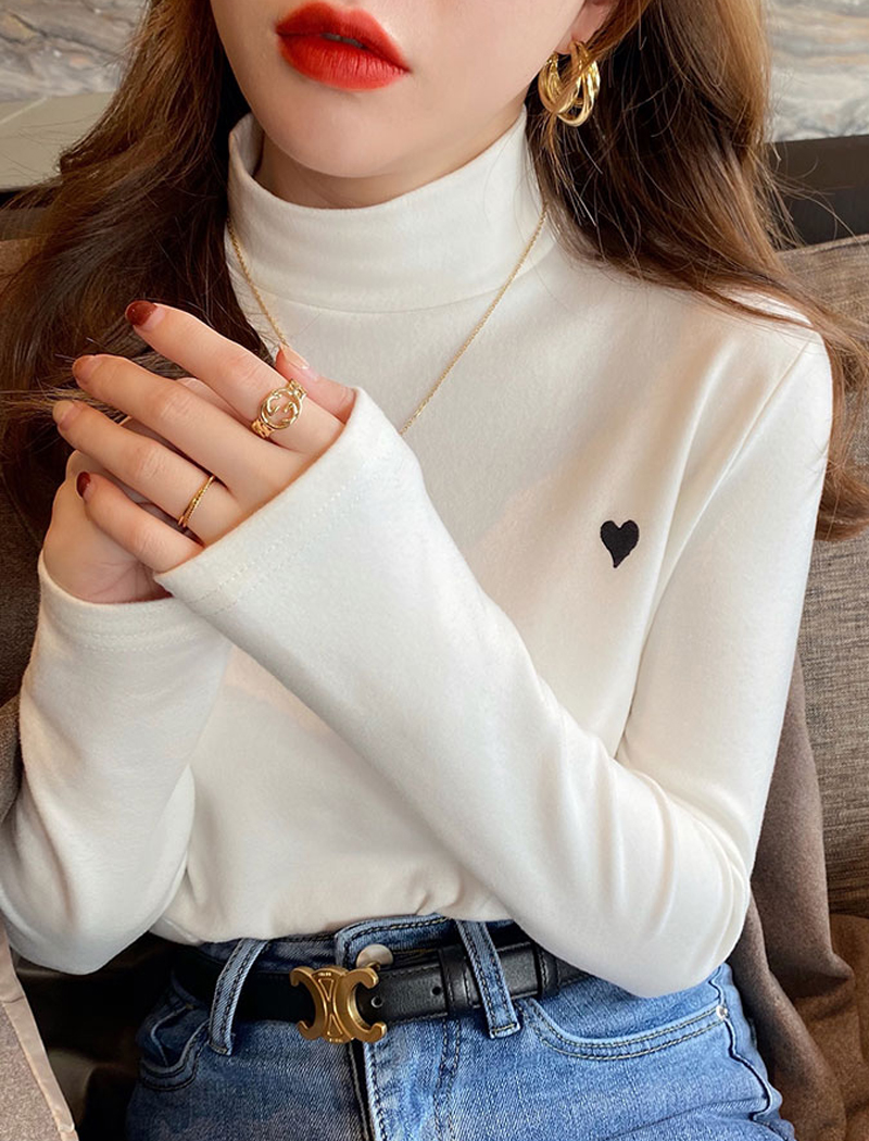 Polyester fiber autumn and winter half turtleneck German velvet women's top embroidered double-sided brushed