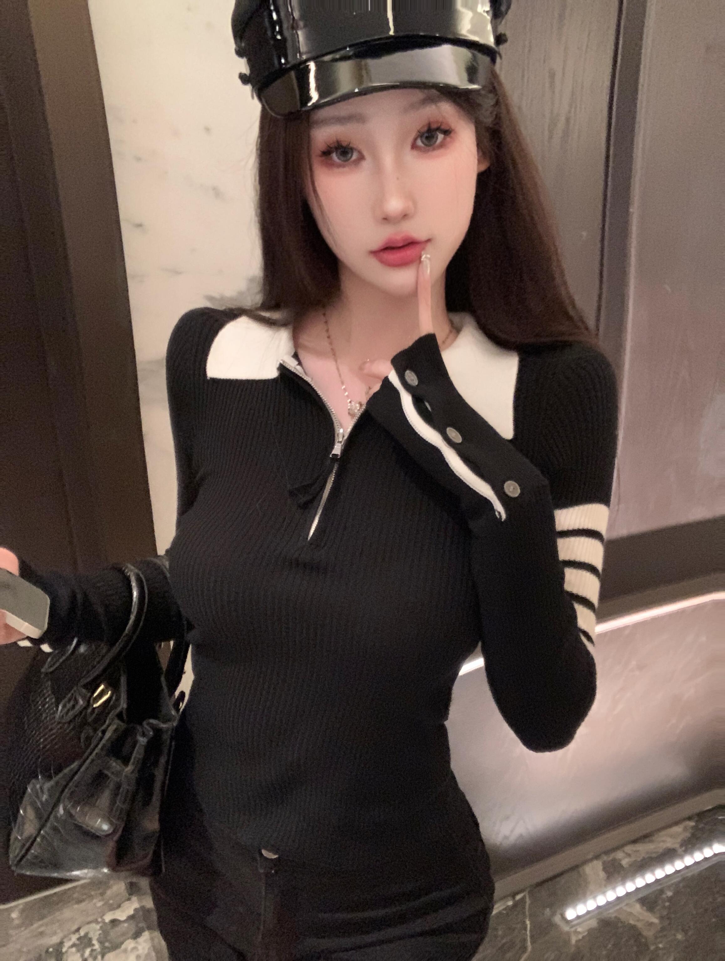 Real shot of POLO collar design niche versatile slimming knitted top
