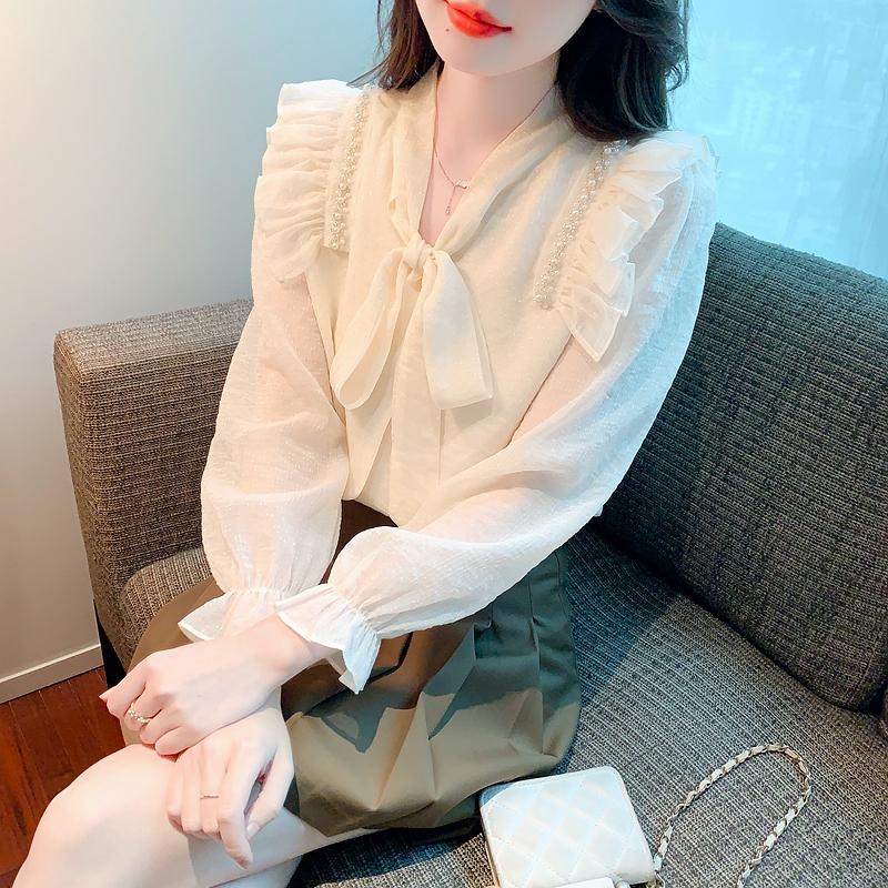 Early spring clothing 2024 new fashion bow chiffon shirt women's high-end beautiful age-reducing western style small shirt autumn style