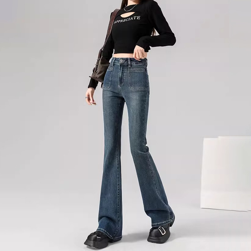 復古高腰微喇牛仔褲女2024春季新款彈力修身顯瘦拖地喇叭馬蹄褲子