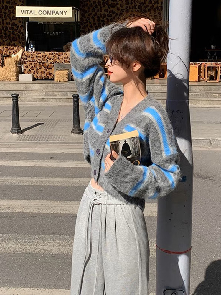2024 spring and summer mohair high-end striped V-neck knitted cardigan for women, thin style, short sweater for women