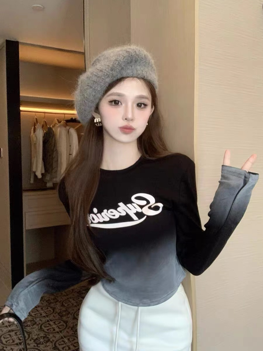 Pure desire hottie y2k shoulder pad top women's autumn and winter gradient tie-dye long-sleeved T-shirt brushed plus velvet bottoming shirt