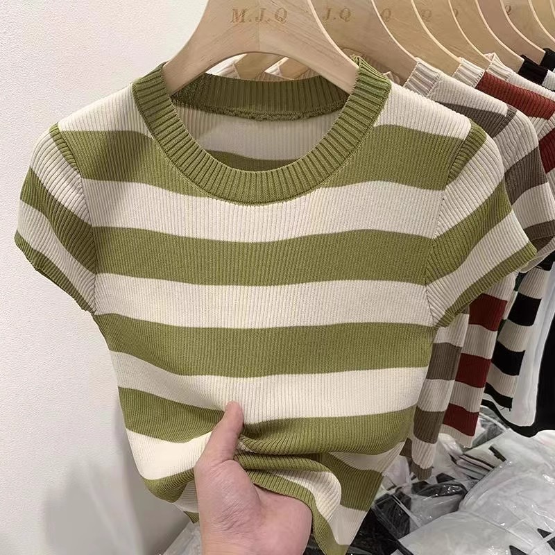 European Ice Silk Striped Contrast Color Knitted Sweater Women's Short Sleeve Summer New Elastic Slim Fit Bottoming Top