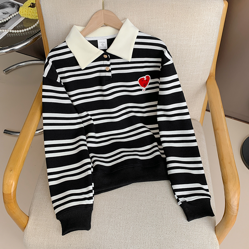 Real shot striped composite 330g sweatshirt for women 2024 new spring and autumn embroidered flower shirt collar Korean style top for women