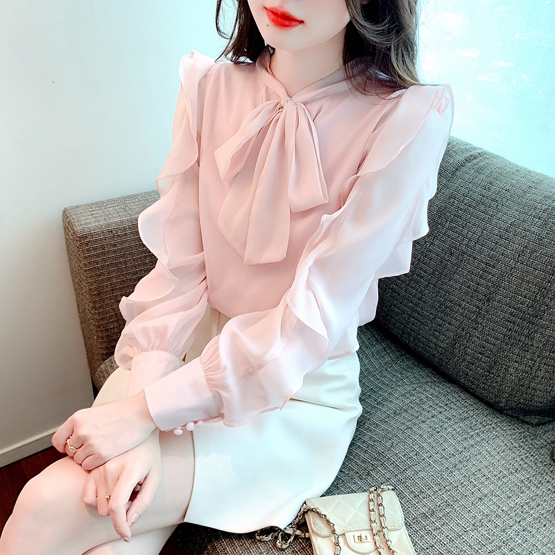2024 spring and autumn new style French bow long-sleeved design niche temperament ruffled chiffon shirt for women