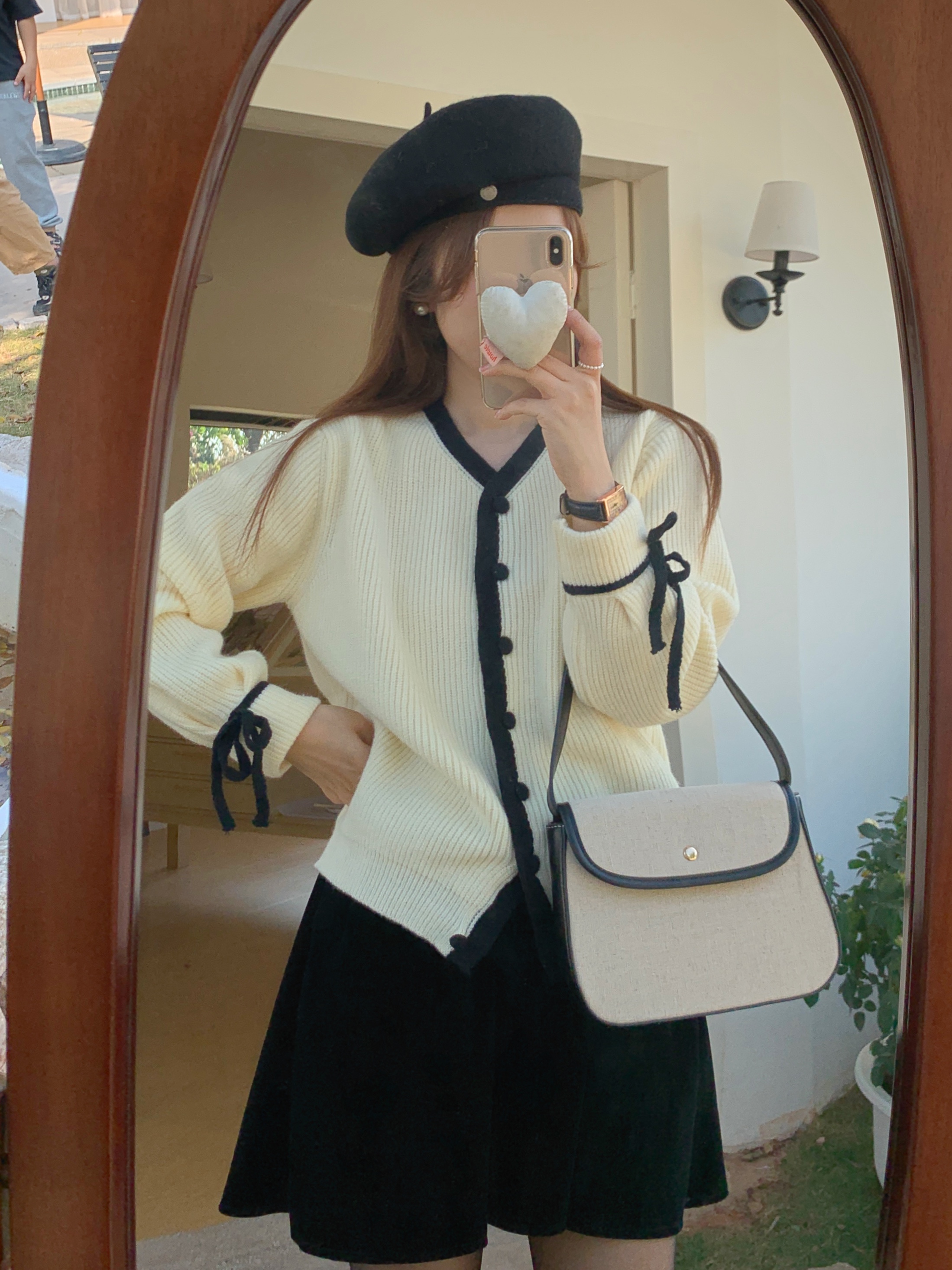 實拍大碼 秋冬撞色百搭毛衣外套女寬鬆甜美單排扣系帶針織開衫