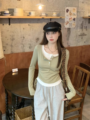 Official picture 300g cotton cashmere fake two-piece T-shirt women's autumn and winter right shoulder long-sleeved bottoming shirt round neck contrasting color top