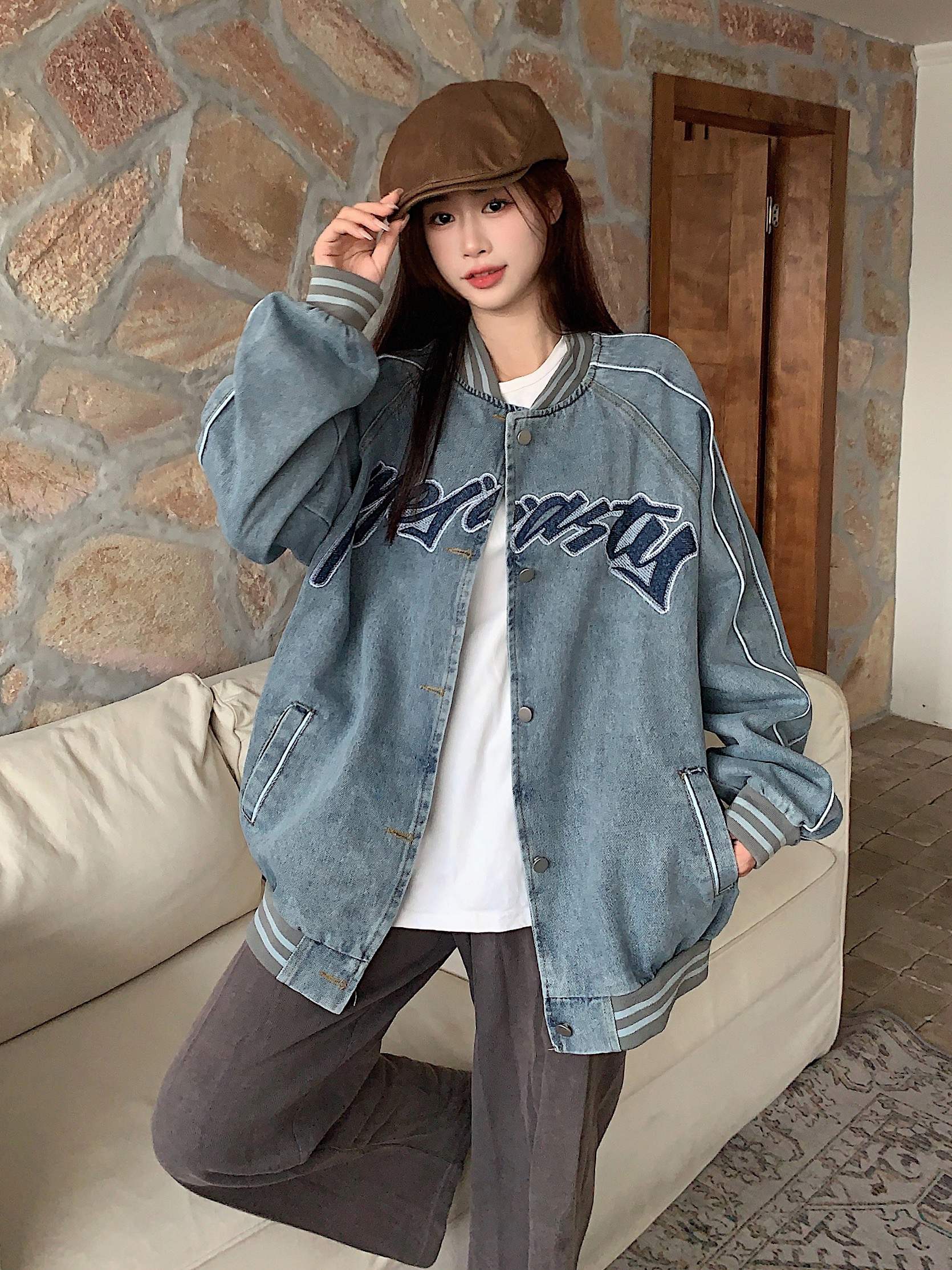 實拍！美式街頭棒球服女春秋設計感潮牌復古牛仔外套寬鬆夾克