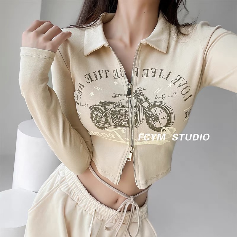 American hot girl double-open zipper motorcycle print long-sleeved T-shirt design with back strap short shoulder top