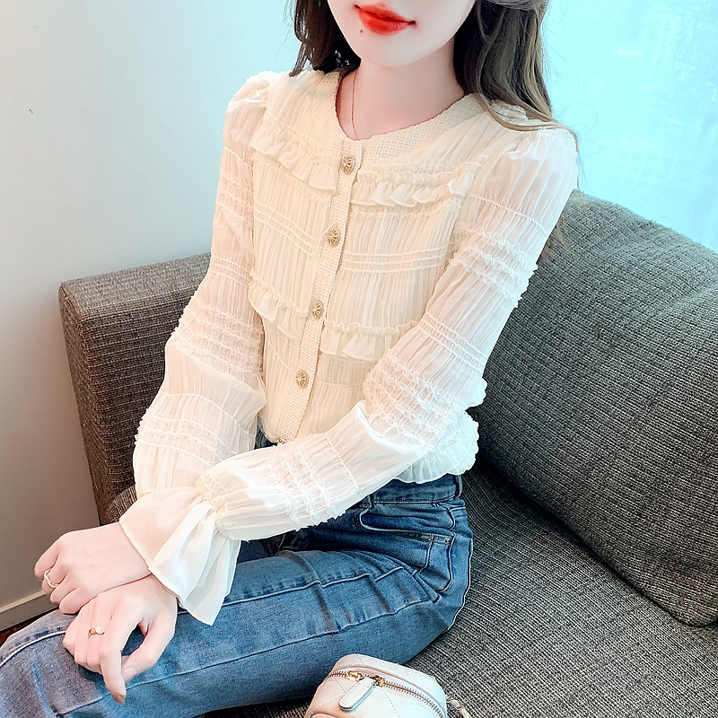Korean chic small fragrance bottoming chiffon shirt for women 2024 new spring and autumn retro French top beautiful small shirt