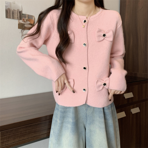 Actual shot of new small fragrant style round neck age-reducing college style bow-knot decorated sweater knitted cardigan for women