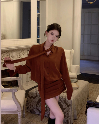 Real shot, eye-catching blood brick red beauty shirt dress bottoming dress