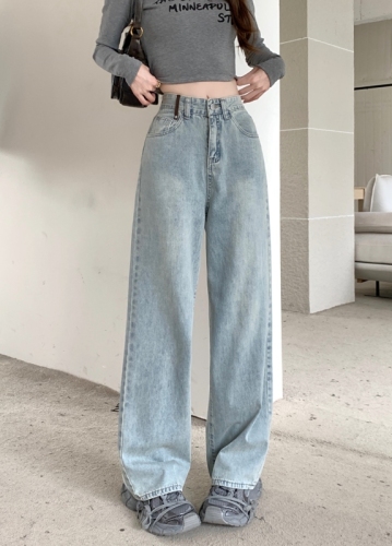 实拍#新款两色高腰直筒牛仔长裤女设计感水洗复古拖地裤子