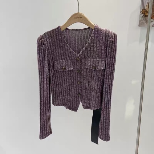 2024 Spring New Korean Style Single-breasted V-neck Purple Knitted Cardigan Women’s Slim Short Top Short Jacket