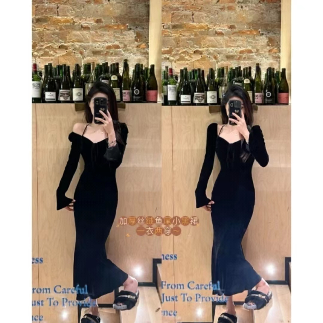 黑天鵝秋冬新款純色加厚修身純欲魚尾小黑裙女-HH1320