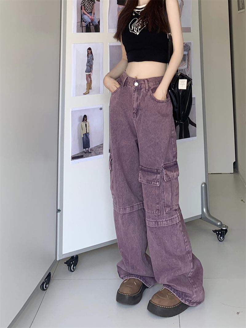 實拍 2024新款復古設計感多口袋紫色高腰寬鬆工裝褲女牛仔拖地褲