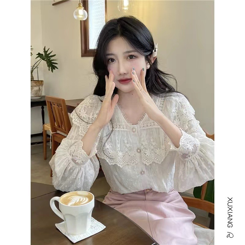 法式甜美別致蕾絲襯衫女裝早秋季v領小個子襯衣設計感小眾上衣