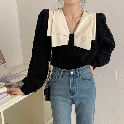 Niche design black shirt women's long-sleeved Korean new spring style chic V-neck shirt light familiar French top