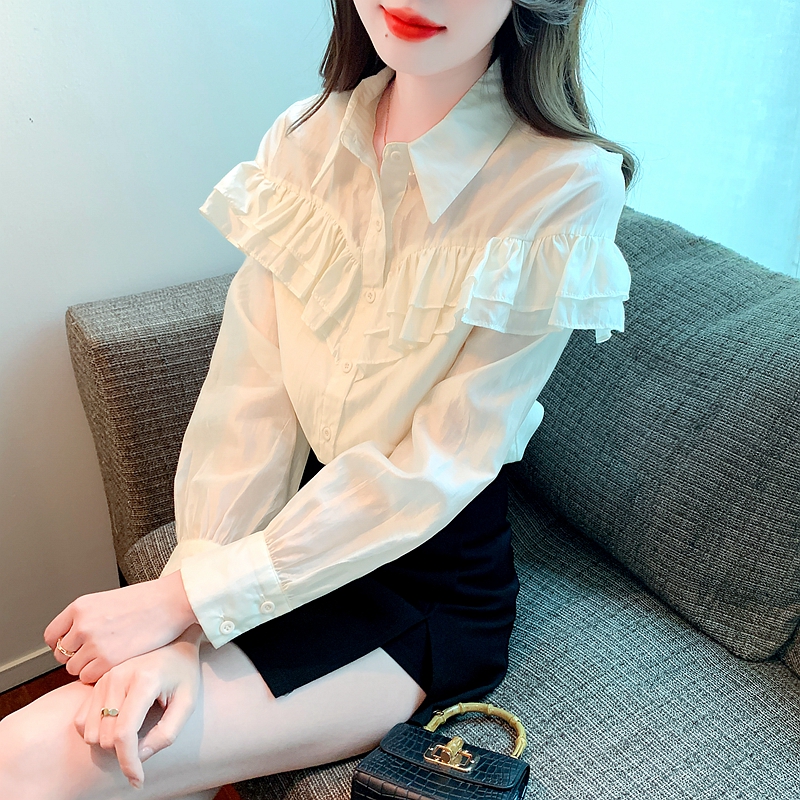 European goods 2024 spring new high-end double-layer ruffled splicing lapel shirt temperament Tencel chiffon shirt