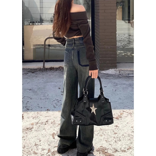 Cement gray high-waisted thin jeans for women spring and summer 2024 new loose slimming contrasting color wide-leg pants for small people