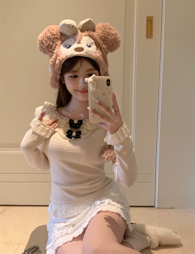 Actual shot of 2024 spring new cream-colored ear-cut waist-slimming beaded top
