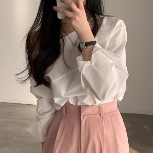 Korean chic autumn design niche unilateral off-shoulder fashionable personality loose versatile long-sleeved shirt tops for women