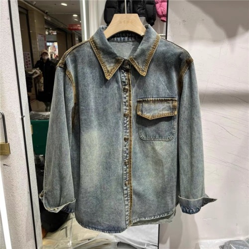 2024 Spring New Fashion Color Block Denim Shirt Women's Long Sleeve Retro Loose Casual Shirt Jacket