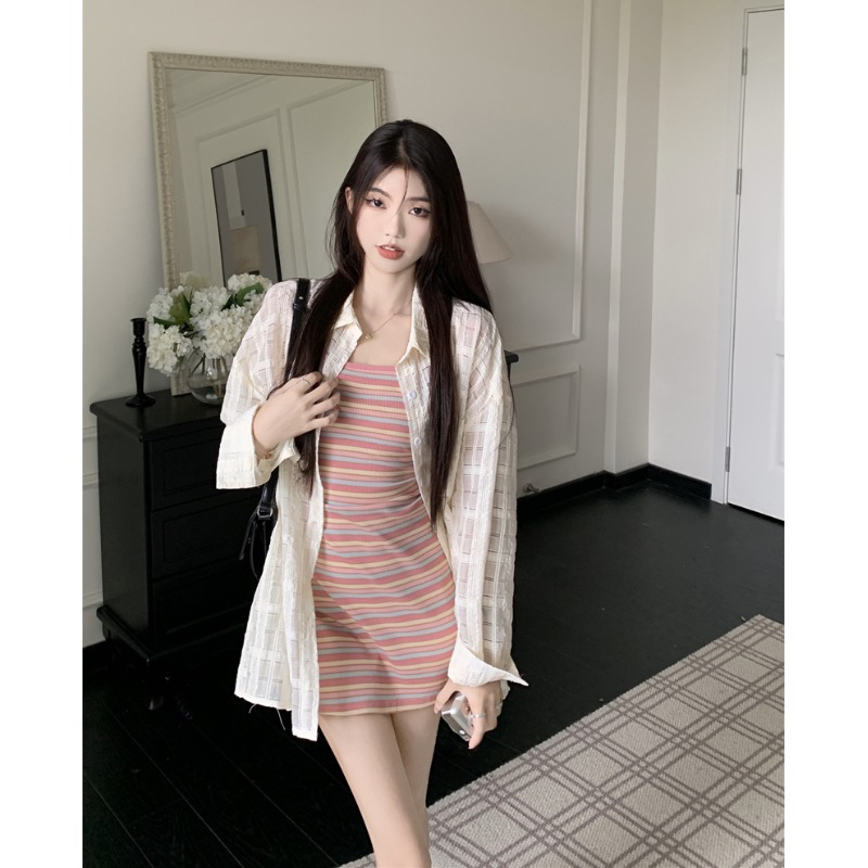 Pure lustful rainbow striped suspender dress for women summer new hot girl waist-slimming temperament hip-covering long skirt