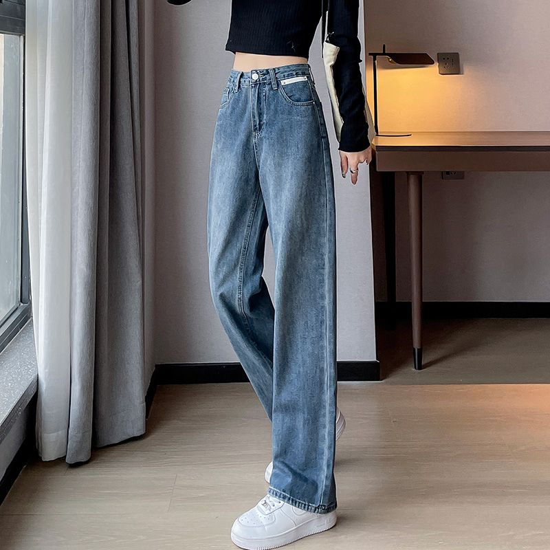 小皮標高腰牛仔褲女直筒梨形身材寬鬆闊腿設計感時尚復古拖地褲子